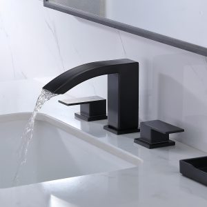 Friho Modern Widespread 3 Hole 2-Handle Waterfall Matte Black Bathroom Faucet, Extra Large Rectangular Spout 8 inch Bathroom Vanity Sink Faucet with Pop Up Drain and Supply Lines