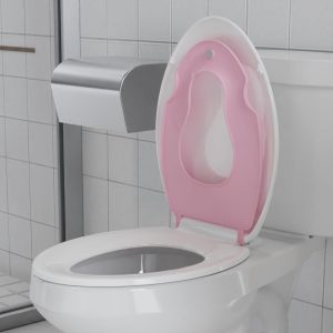 Toilet Seat Elongated, Toilet Seat with Toddler Seat Built in, Potty Training Toilet Seat Elongated Fits Both Adult and Child, with Soft Close, Easy Install and Clean - Elongated White and Pink