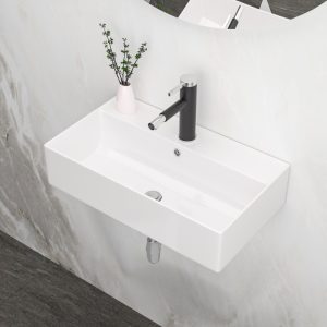 21x12 Inch White Ceramic Rectangle Wall Mount Bathroom Sink with Single Faucet Hole and Overflow