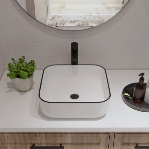 DeerValley 15'' x 15'' Bathroom Sinks, Vessel Sink Square White Ceramic Bathroom Vessel Sinks, Bath Sink Above Counter Vanity Sink Basin Sink Bowl for Bathroom, White Body with Black Trim DV-1V0033