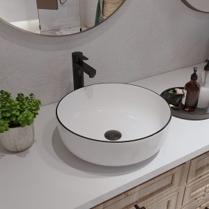 DeerValley, DV-1V0030, Install Bathroom Sink On Circular Platform. 16 Inch White Circular Bathroom Sink With Overflow Drain Pipe