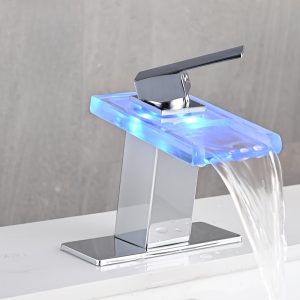 LED light Widespread faucet, Widespread Modern Waterfall Bathroom Faucet with Pop Up Drain and Supply Hose, Waterfall Bathroom Sink Faucet Vanity Faucet, Using LED lights requires placing batteries