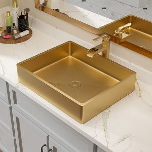 19 in. Vessel Rectangular Bathroom Sink Vanity Wash Sink Above Counter in Golden Stainless Steel