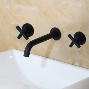 Black Basin 2 Handles Faucet Wall Mount Bathroom Sink Brass Mixer Faucet Tap