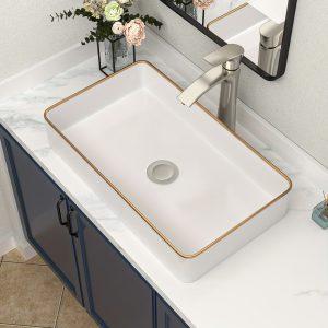 24 Inch Ceramic Rectangular Bathroom Vessel Sink, Above Counter Installation, White Body With Golden Decorative Trim On Top