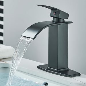 1pc Black Waterfall Spout Bathroom Faucet, Single Handle Vanity Sink, Rv Lavatory Vessel Faucet Suitable for 1 or 3 Holes with 6 Inch Deck Plate & Hose Matte Black