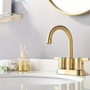 1pc Brushed Golden Bathroom Sink Faucet 2 Hole 4 inch Centerset Vanity Mixer with Drain