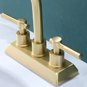 Modern 2 Handle 4 Inch Centerset Brushed Golden Bathroom Faucet Lavatory Swivel Spout Vanity Bathroom Sink Faucet with Water Supply Lines & Pop-up Drain